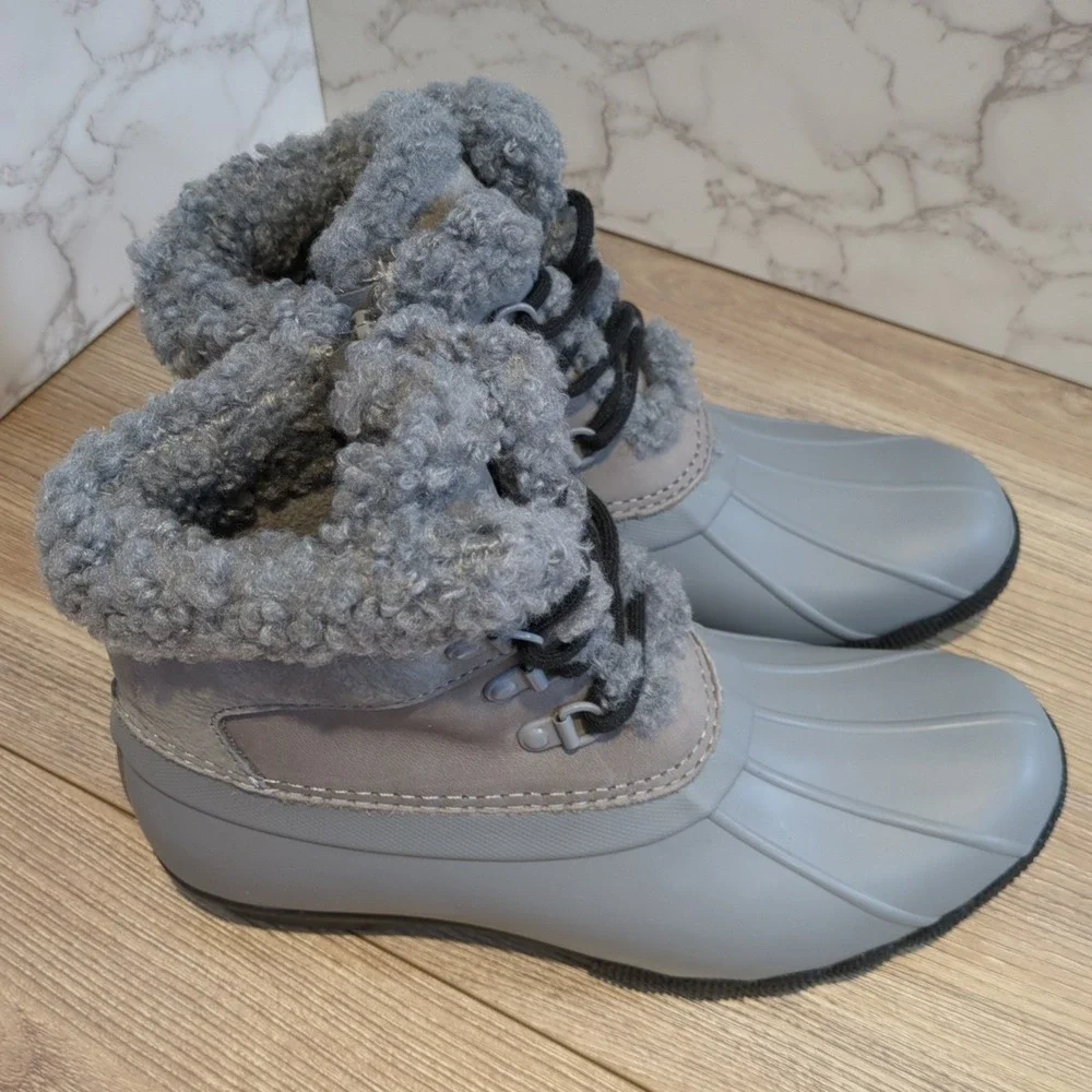 Sperry Women's Saltwater Alpine Grey 1 Duck Booties‎ 7.5 M Tie Rain Boots Fall